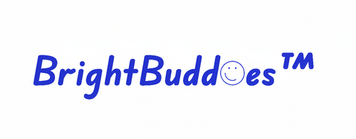 Blue 'BrightBuddies' logo with a smiley face on a white background